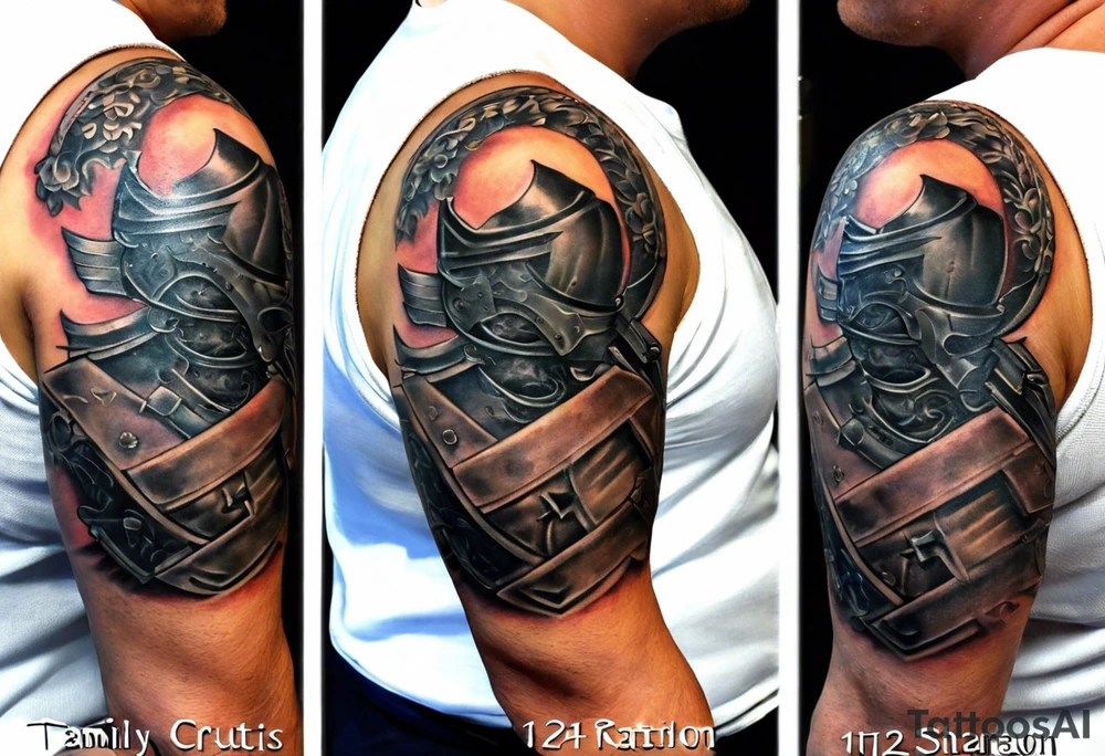 half sleeve tattoo. from a distance looks like a pauldron but closer the pieces of armor are from parts of my life. family, and interests. Father of 3 boys (1 passed), husband, martial arts for 3 decades. 1 1st degree and 1 2nd degree black belt.  Lets start there. tattoo idea
