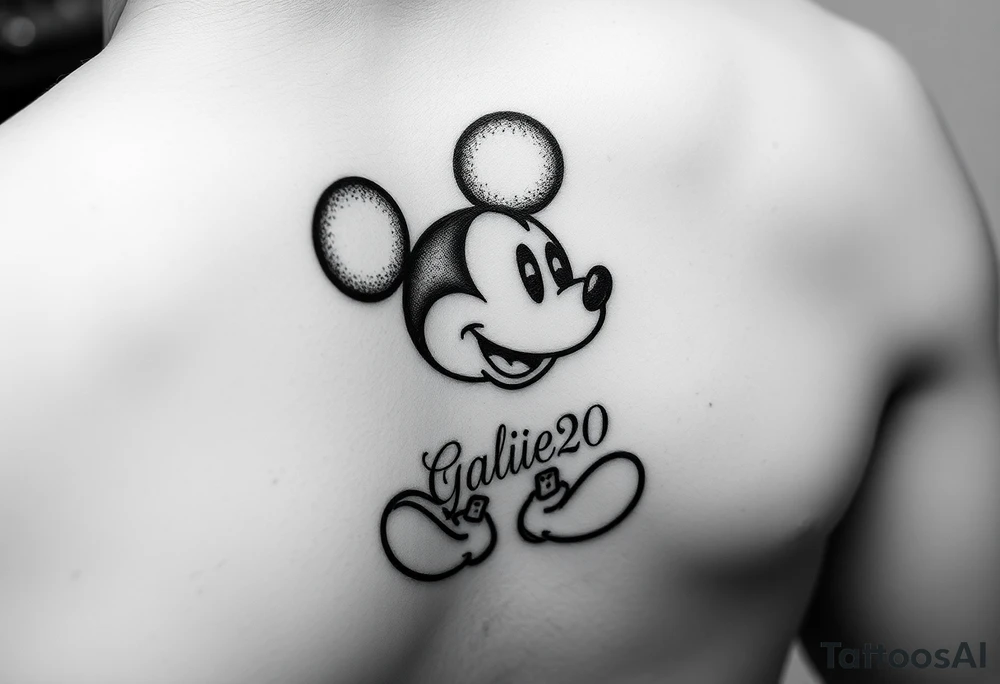 mickey mouse symbol with the name Galileo and the date 08/14/20 incorporated tattoo idea