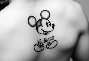 mickey mouse symbol with the name Galileo and the date 08/14/20 incorporated tattoo idea