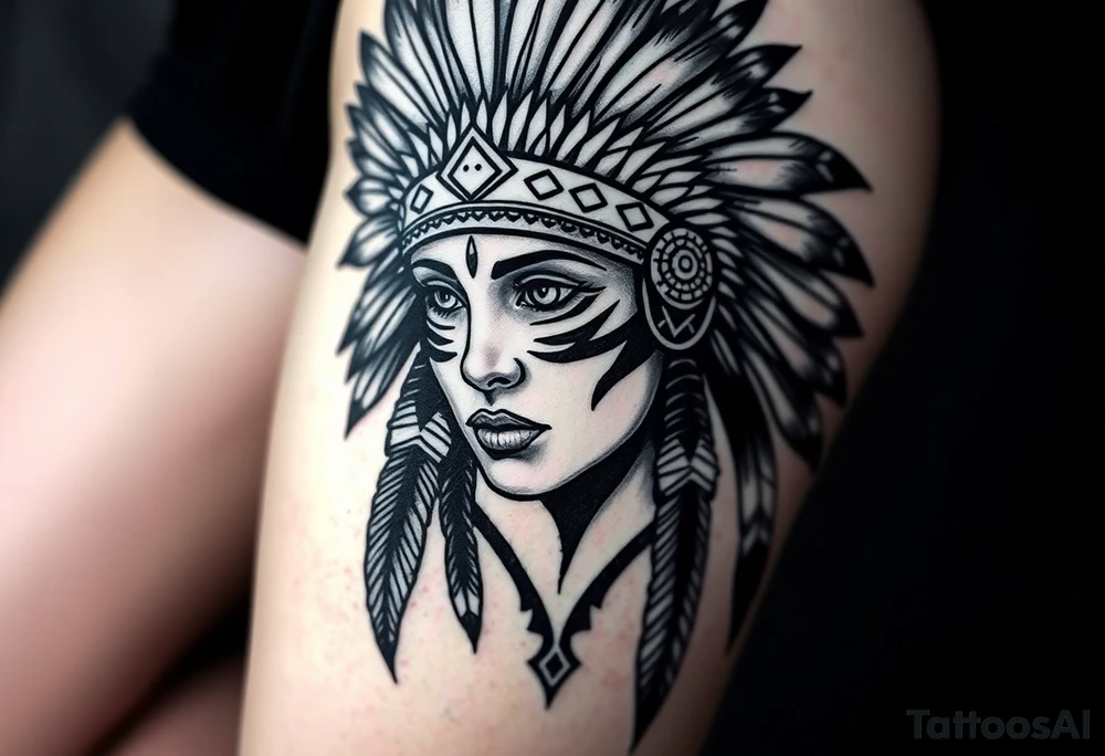 Beautiful, majestic, and noble young native American indian woman with a big bold head dress on and war paint on her face with some kind of background with tribal tattoo idea