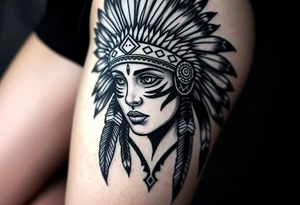 Beautiful, majestic, and noble young native American indian woman with a big bold head dress on and war paint on her face with some kind of background with tribal tattoo idea