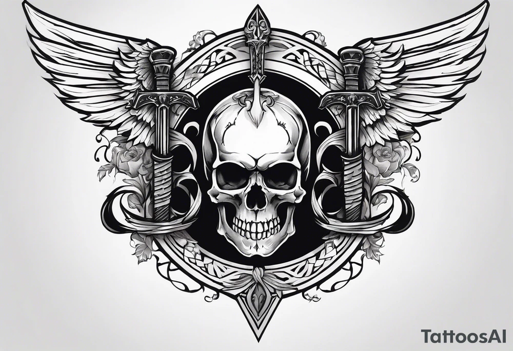 In the center is a skull pierced by a large sword. On either side of the skull, there are spread angel wings, creating an impression of protection and majesty. Beneath the skull is a ribbon that weaves through both the skull and the sword tattoo idea