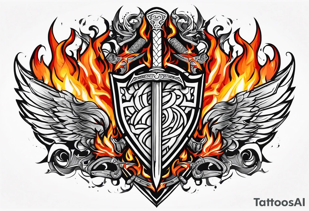 Valhalla on  fire shield sword tattoo idea