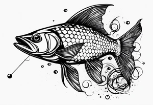 Trash polka blue and black fly fishing theme rib peice tattoo idea