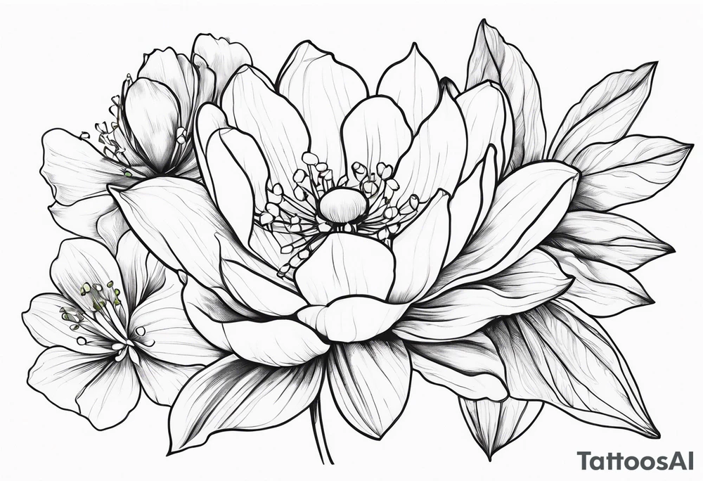 Thin line small lotus dogwood lily of the valley and peony wildflower bouquet tattoo idea