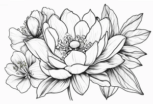 Thin line small lotus dogwood lily of the valley and peony wildflower bouquet tattoo idea