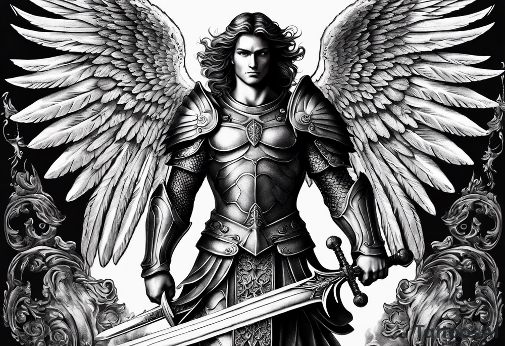 **Tattoo Design: Archangel Michael**

- **Central Theme**: Archangel Michael, majestic and powerful, stands ready with a raised sword, prepared to battle evil.
- **Appearance**: The figure of Archangel Michael depicted in full angelic armor, with majestic wings spread wide.
- **Expression**: His stance conveys strength, courage, and determination in defense of good.
- **Details**: Focus on intricate details such as facial features, armor embellishments, and the raised sword.
- **Background**: May be stylized as celestial, with rays of light or clouds, accentuating the divine presence of Archangel Michael.
- **Placement**: Intended for placement on the chosen body area, with the option to adjust the size according to personal preferences. tattoo idea