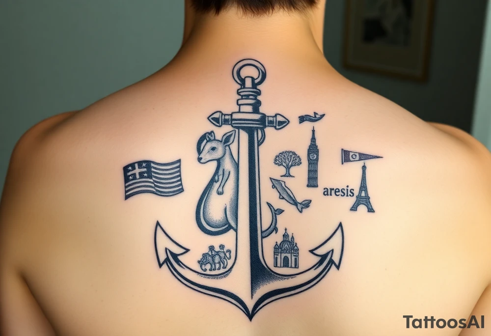 Tattoo for Female that has anchor, travel, items from each country traveled to:
Australia - kangaroo/koala 
New Zealand
United Kingdom- Big Ben 
Ireland - cliffs of mohr 
France- Eiffel tower 
Kenya - tree
Brazil - amazon
Aruba - beach 
Curacao - beach 
Jamaica - beach 
Mexico
Puerto Rico
St. Thomas
Bahamas
St. Martin
Italy - wine 
Canada - banff 
Spain - basilica 
Portugal - naticionel de Peña 
Azore islands - flowers 
Thailand- elephant 
Iceland tattoo idea