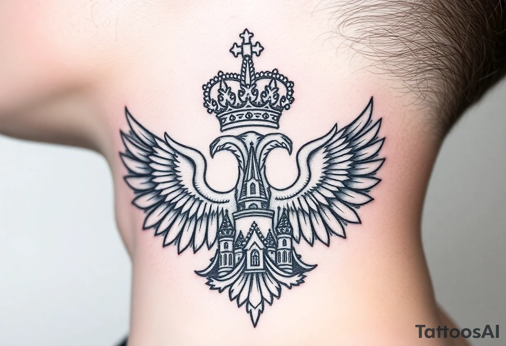 St. George, 3 russian imperial crowns above the Russian coat of arms double eagle and sitting above its wingspan sitting just above Kremlin or St. Basil's Cathedral scene  on the side of my neck tattoo idea