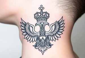 St. George, 3 russian imperial crowns above the Russian coat of arms double eagle and sitting above its wingspan sitting just above Kremlin or St. Basil's Cathedral scene  on the side of my neck tattoo idea
