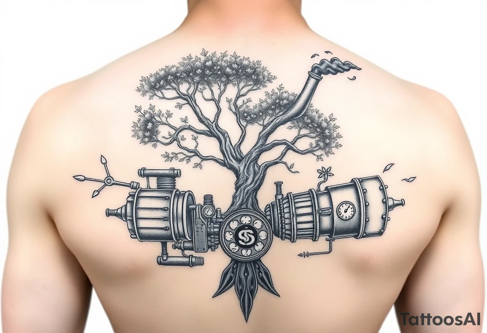 tree growing out of a v shaped engine with lots of pipes, guages and steam around the engine 
 with a smoke stack coming out of the top 
 billowing black smoke as if the tree and engine were a flying machine flying through the air 
 with a steam punk vibe tattoo idea