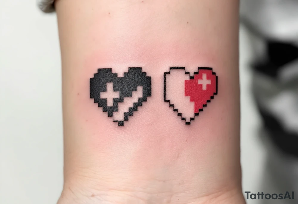 A black-and-red pixel heart duo for gamer couples, each missing half the pixels. tattoo idea