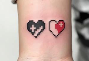 A black-and-red pixel heart duo for gamer couples, each missing half the pixels. tattoo idea