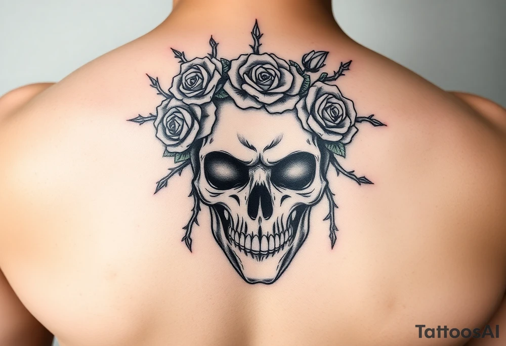 ornate skull adorned with crown of wild roses and thorns tattoo idea