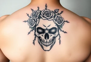 ornate skull adorned with crown of wild roses and thorns tattoo idea