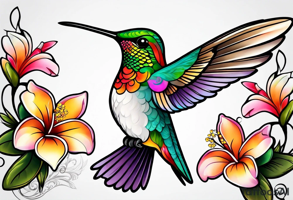 Hummingbird with a plumeria masculine style colorful tattoo idea