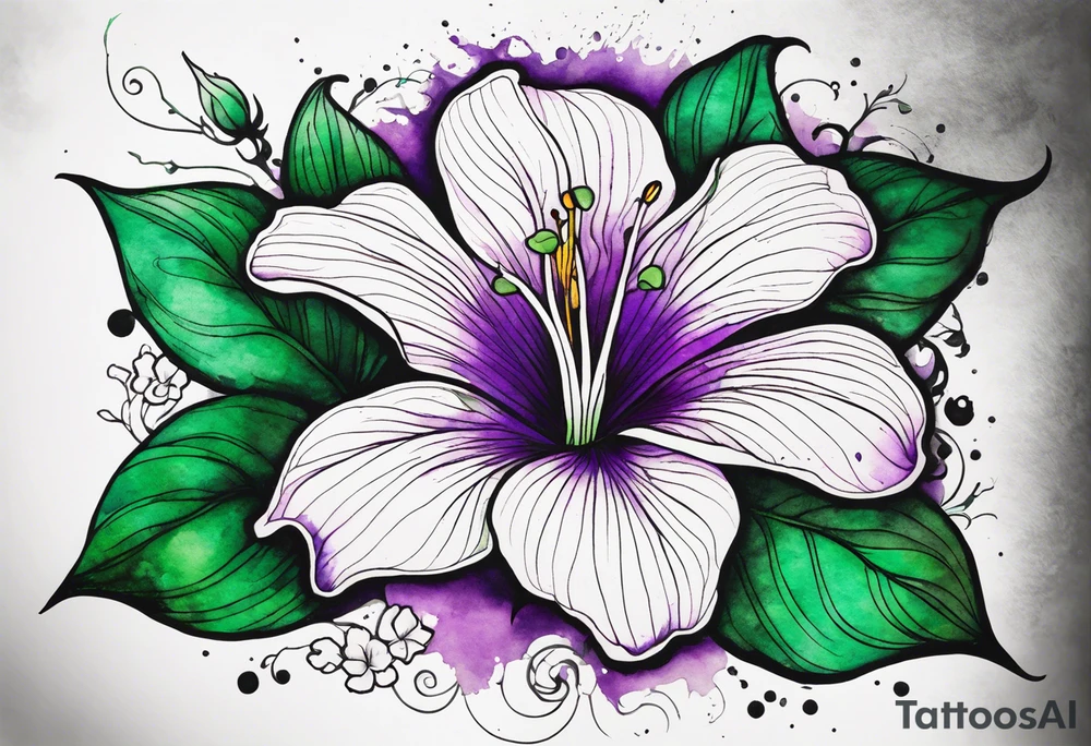 An outline of a rio dipladenia flower with a mystical green/purple watercolor splash in the background tattoo idea