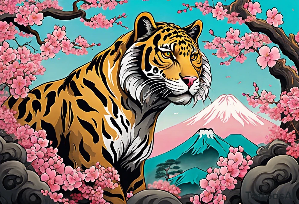 An irezumi style big cat, which looks like the traditional japanese drawing of a tiger. The colour and pattern of a jaguar on the body of the big cat. It should be climbing upwards, with the head looking to the right. The background is a stylised cherry blossom tree with multiple shades of pink for the blossoms. The colours of the background are not dark, so that the jaguar stands out against the background. tattoo idea