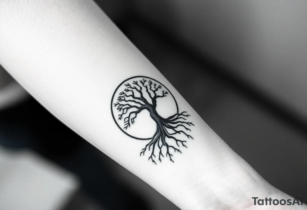 Tree inside of sun, spiral circle line moving roots to the right tattoo idea