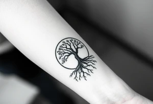 Tree inside of sun, spiral circle line moving roots to the right tattoo idea