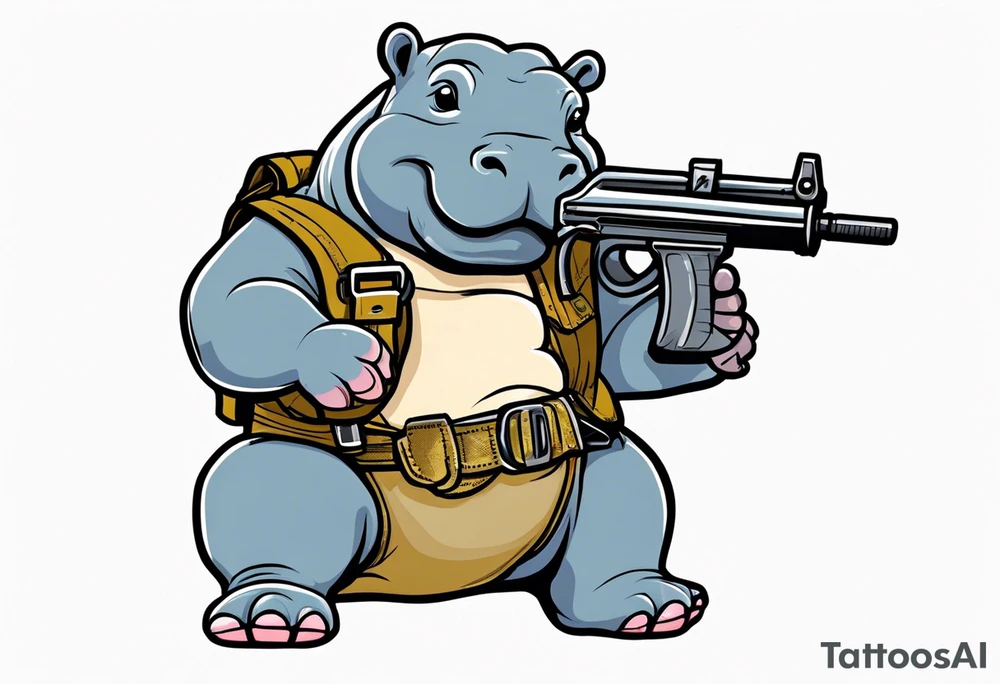 Baby hippo wearing a diaper with bandolier over chest and holding a machine gun tattoo idea