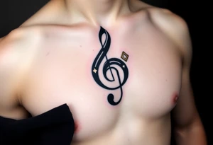 A geometric treble clef with sharp lines, made from bold black ink and accented with geometric shapes in gold tattoo idea