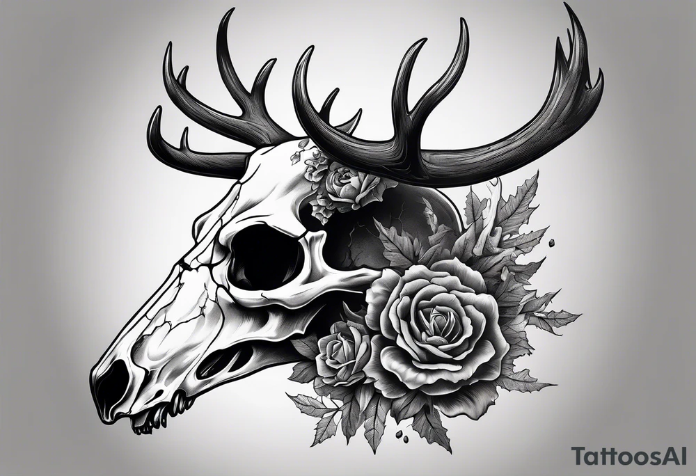 A side view of a frightening horror DECAYING deer skull JUST BONE surrounded by a forest fire in background tattoo idea A side view of a frightening horror DECAYING deer skull JUST BONE surrounded by a forest fire in background tattoo idea