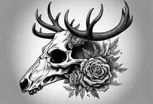 A side view of a frightening horror DECAYING deer skull JUST BONE surrounded by a forest fire in background tattoo idea