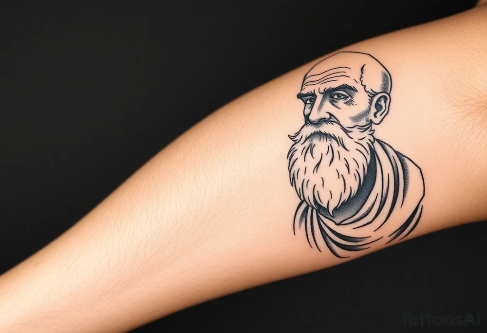 Platos, aristole, and socrates on the right side of the calf. Big and filling the whole calf vertically tattoo idea