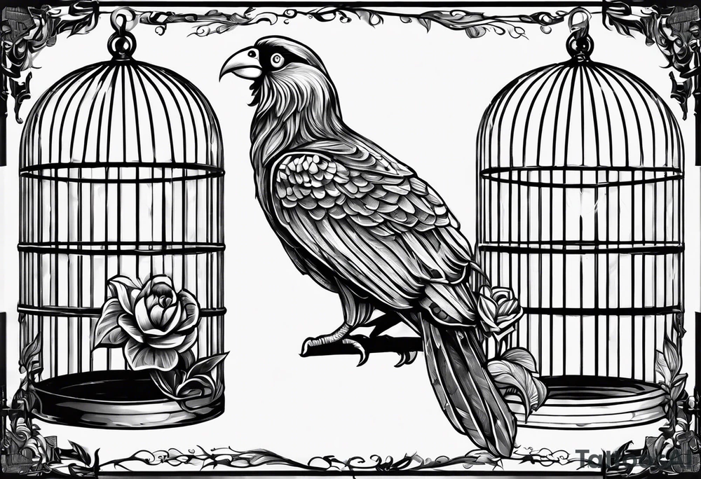 really big bird in a long but too small cage for him. Add decoration on the left top of the cage like flowers or foliage tattoo idea