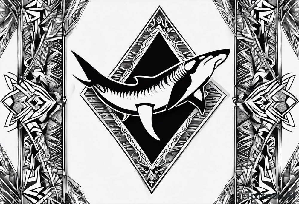 Warp tattoo above the knee, using Polynesian style including shark teeth arrows manta ray hammerhead shark tattoo idea
