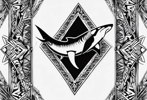 Warp tattoo above the knee, using Polynesian style including shark teeth arrows manta ray hammerhead shark tattoo idea
