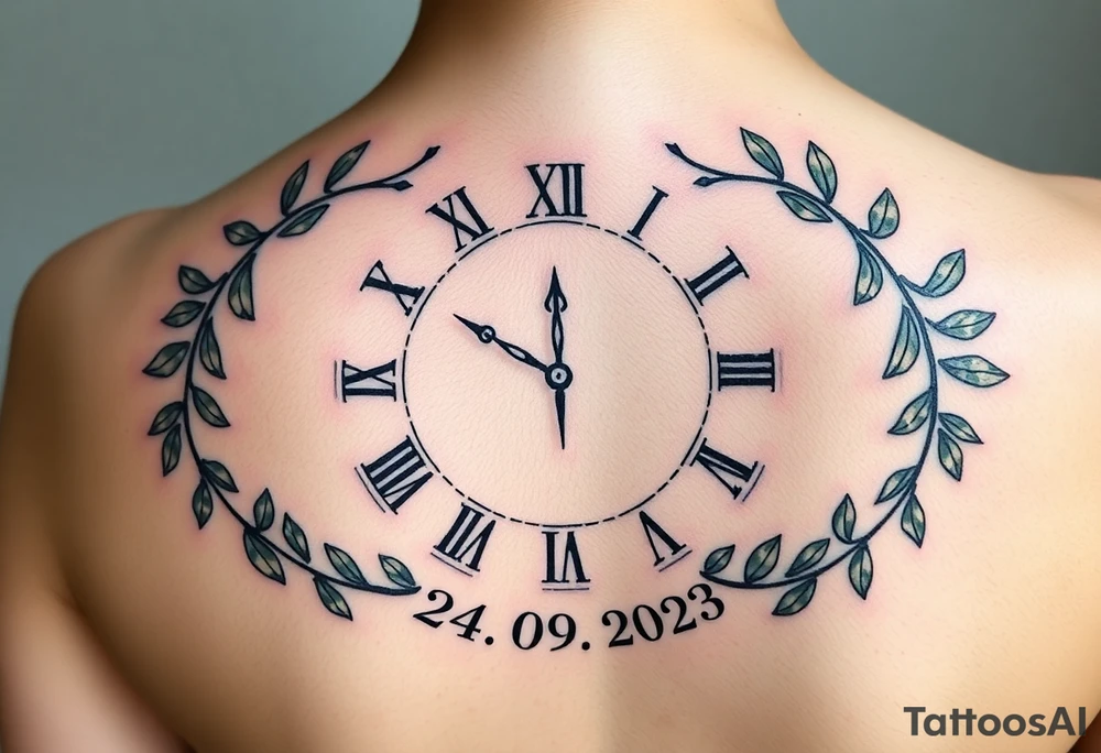 A Roman numeral clock surrounded by olive branches, with baby´s name "Erik" and birth date "24. 09. 2023 in muted green and gold tattoo idea