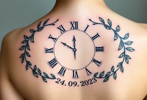 A Roman numeral clock surrounded by olive branches, with baby´s name "Erik" and birth date "24. 09. 2023 in muted green and gold tattoo idea