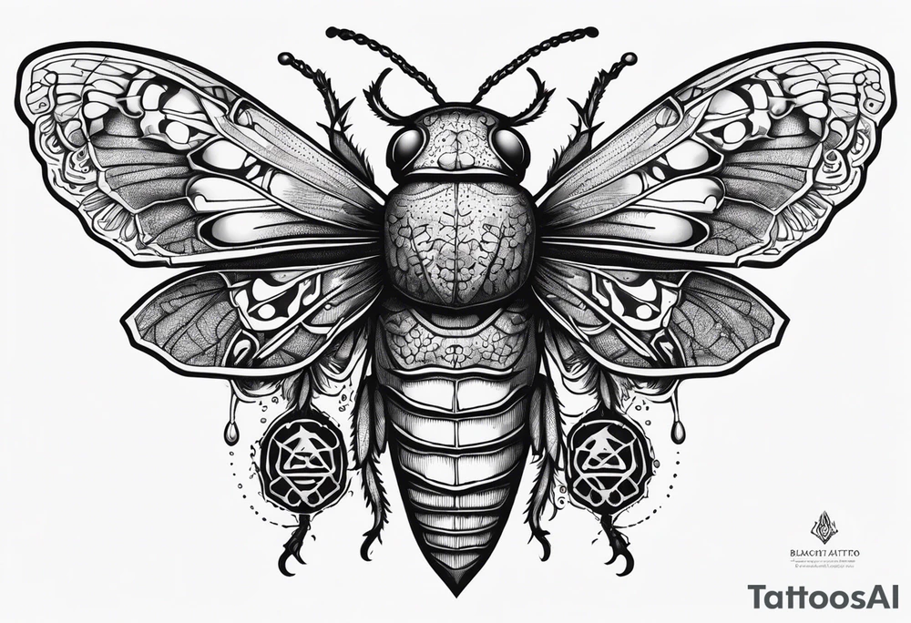 Cicada stippled and shaded with human skulls on top and bottom tattoo idea