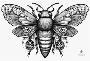 Cicada stippled and shaded with human skulls on top and bottom tattoo idea