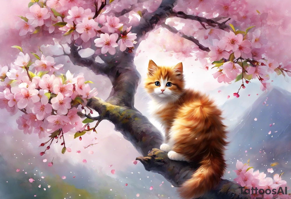 Generate a design where a graceful pink cherry blossom tree extends vertically, occupying the full height of 15cm, with delicate blossoms scattered along its slender branches coloured with a watercolor effect. Nestled among the branches, a small, playful kitten is perched, gazing curiously outward. The kitten's fur can have intricate details, highlighting its softness and playfulness. Surrounding the kitten and the tree, some petals could be gently falling, adding a dynamic and serene feel to the design. This vertical composition would elegantly fit your biceps, creating a charming and feminine piece of art. tattoo idea