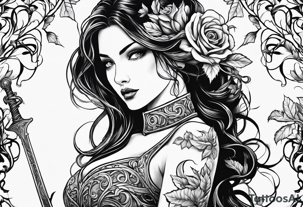 leafy vines with sword tattoo idea
