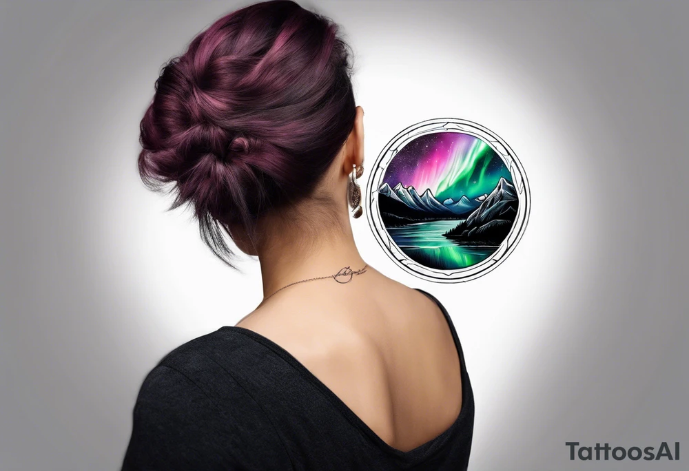 northern lights mountain circle shaped tattoo idea