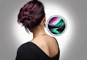 northern lights mountain circle shaped tattoo idea