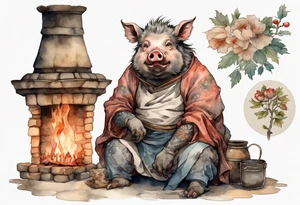 a Medieval boar sitting by the hearth tattoo idea
