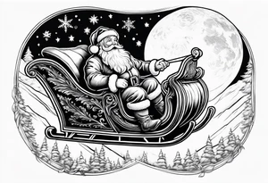 Santa flying in sky at night with his sleigh tattoo idea