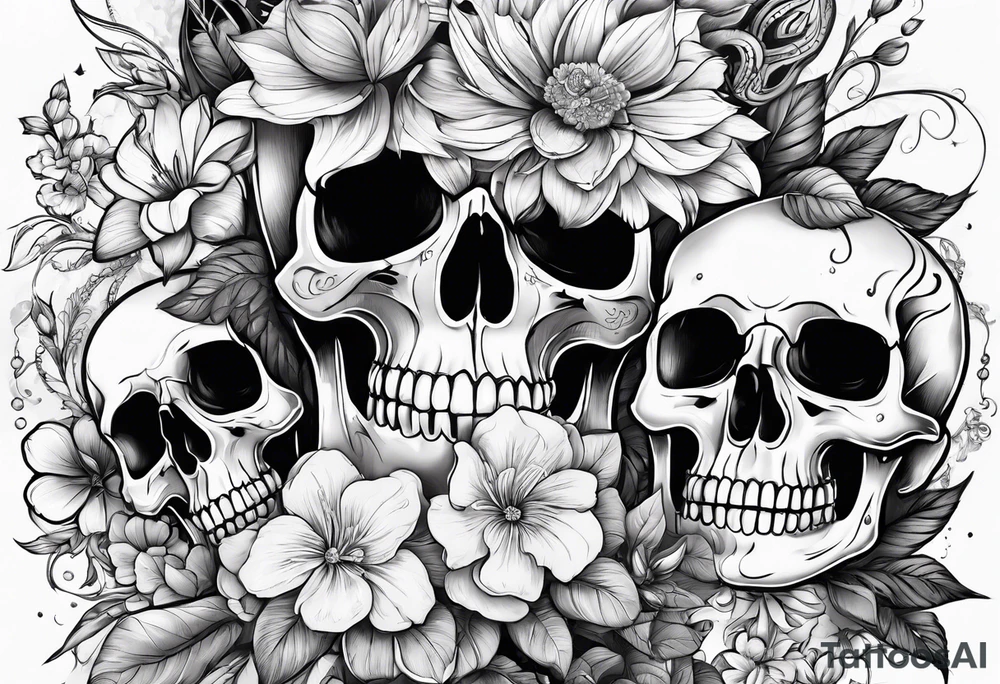 lot of flowers, skulls and bong tattoo idea