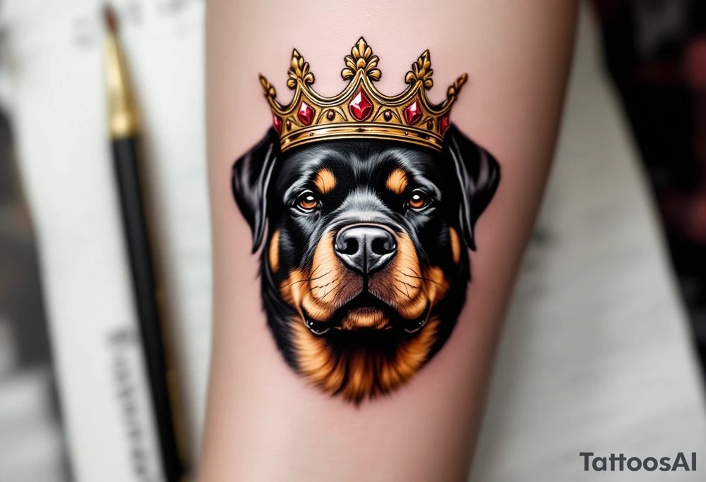 Crowned Rottweiler King – A strong frontal Rottweiler head wearing a royal crown, accented in gold and deep red. The fur is black with golden-brown reflections. tattoo idea
