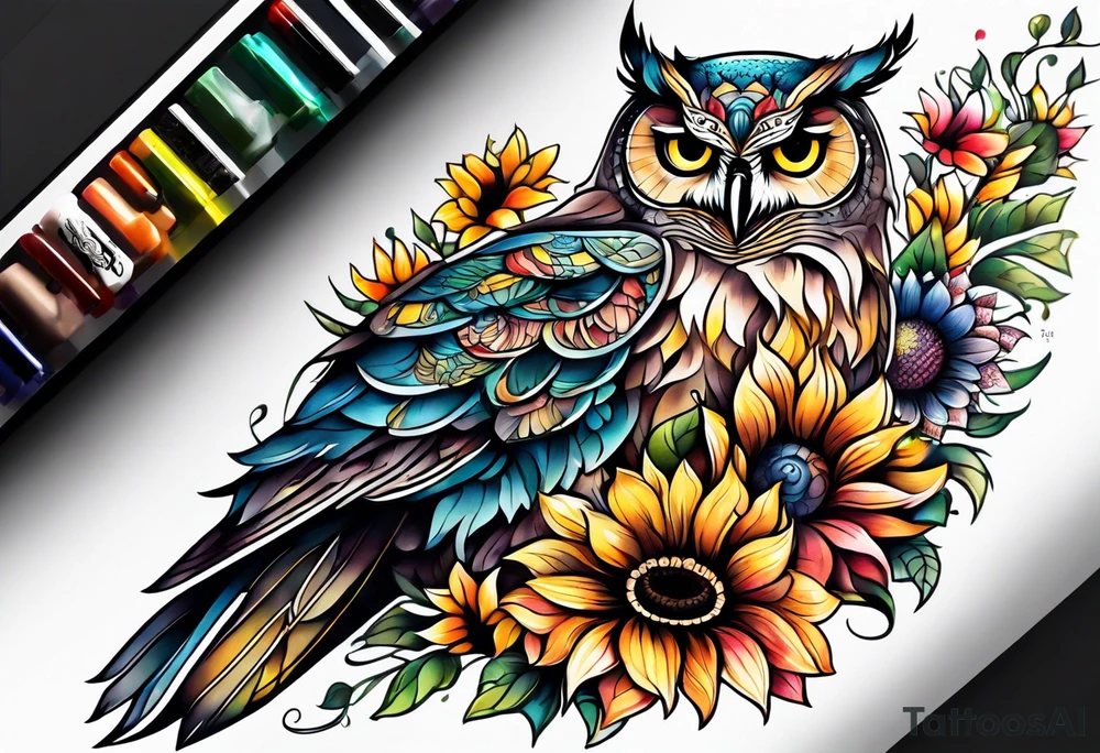 Leg sleeve with colorful sunflowers and an owl tattoo idea