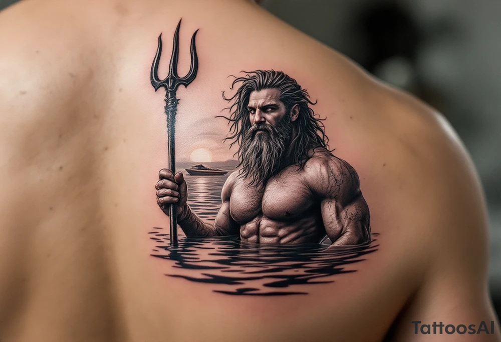 young, happy, fit poseidon in calm water, holding a trident, drinking a beer, with sunset, with ski boat tattoo idea