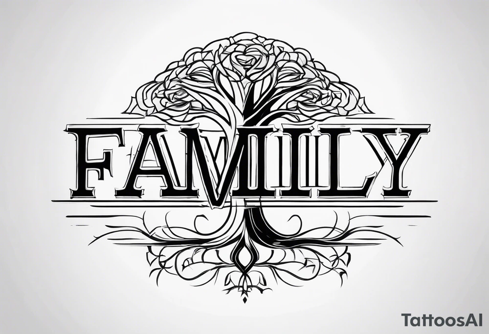 Text "family". Letters formed by roots tattoo idea