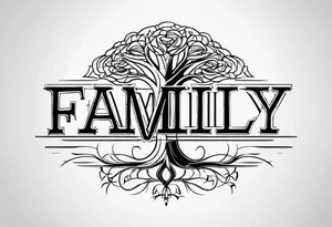 Text "family". Letters formed by roots tattoo idea