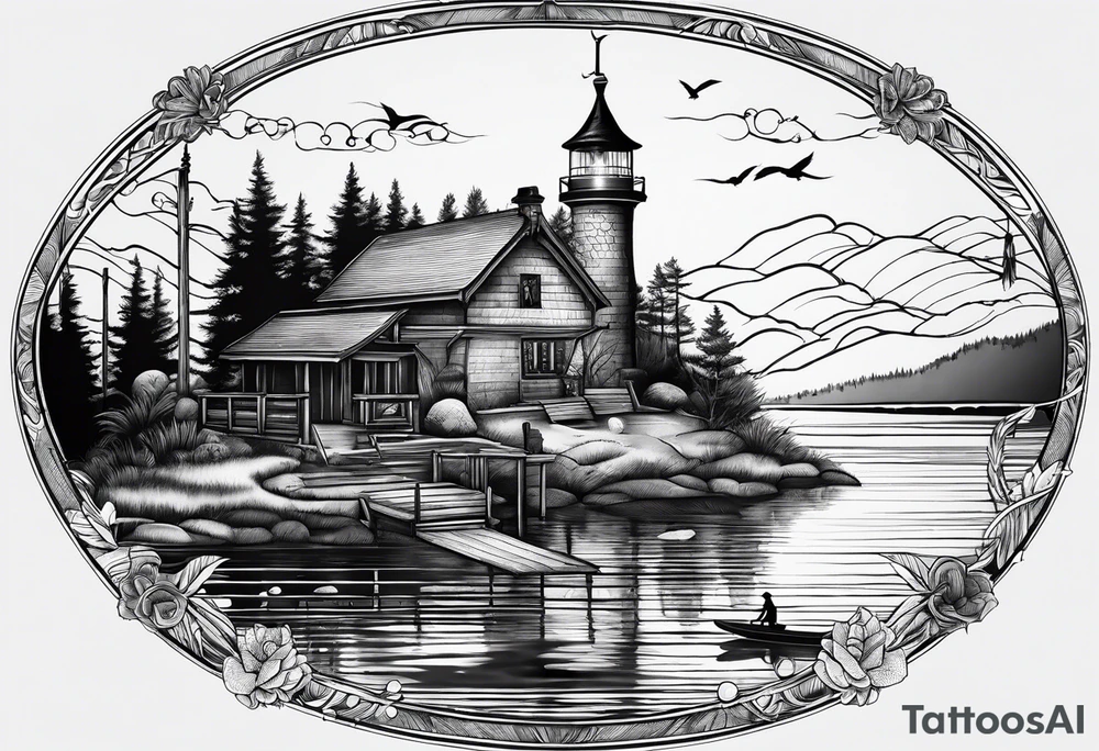 Lake view with wharf and sup tattoo idea