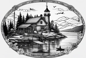 Lake view with wharf and sup tattoo idea